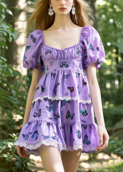 Lavender Square Collar Butterfly Cotton Tea Dress Puff Sleeve Summer
