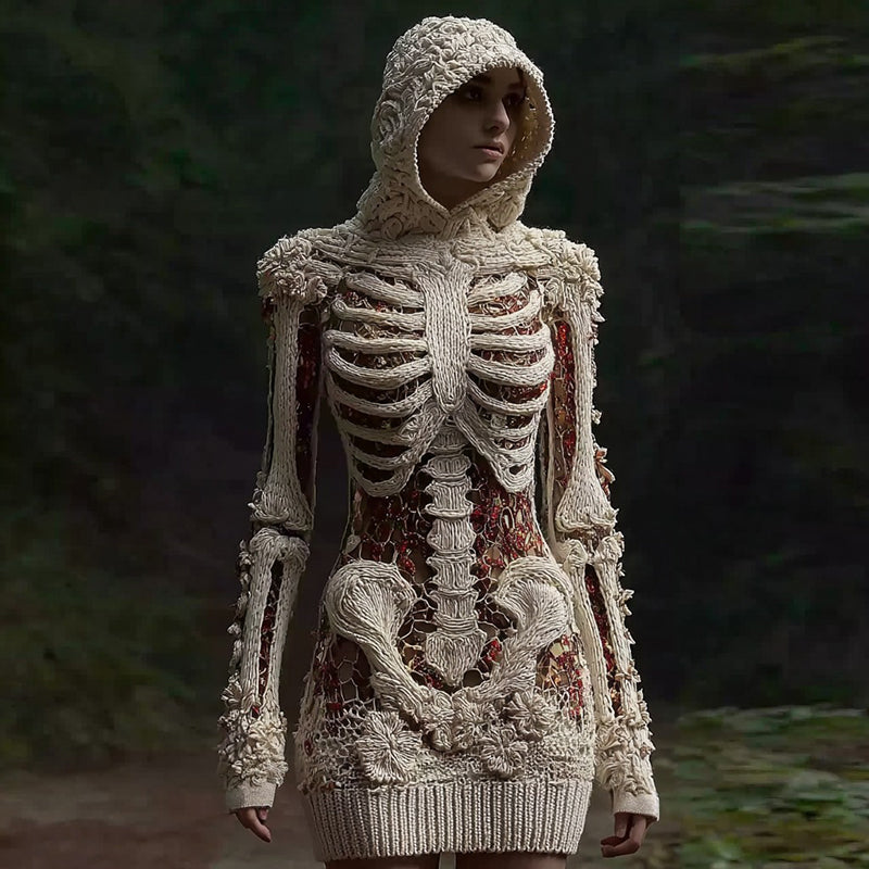 Comstylish Women's Halloween Sequined Skull Pattern Comfortable Knit Hooded Mini Skirt