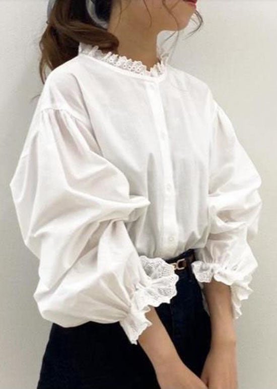 White Lace Ruffled Patchwork Cotton Shirt Top Spring