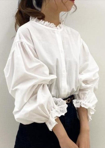 White Lace Ruffled Patchwork Cotton Shirt Top Spring