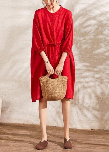 Unique Red Lantern Sleeve Tie Waist Button Summer Ramie Vacation Dresses Half Sleeve
