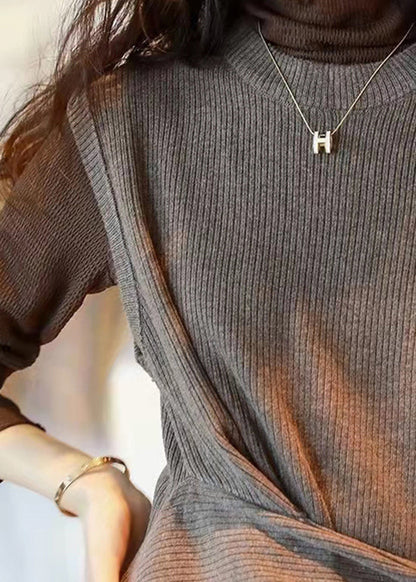 Chocolate O-neck Asymmetrical Design Thick Knit Vest Sleeveless