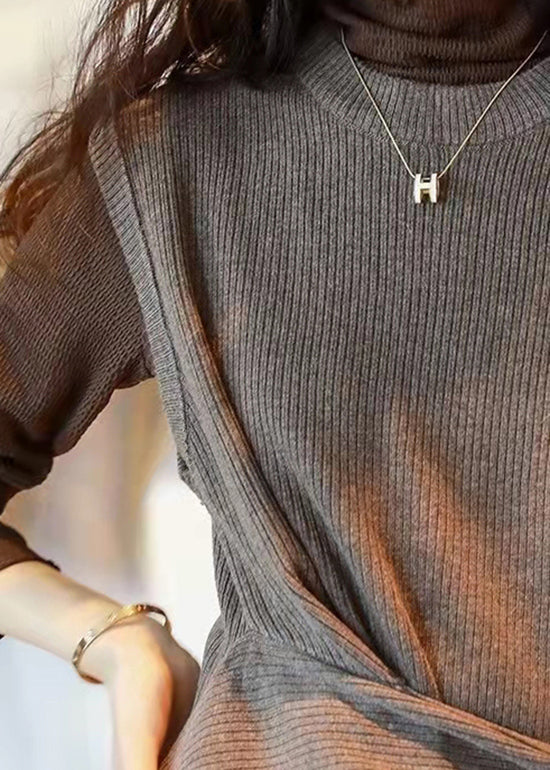 Chocolate O-neck Asymmetrical Design Thick Knit Vest Sleeveless