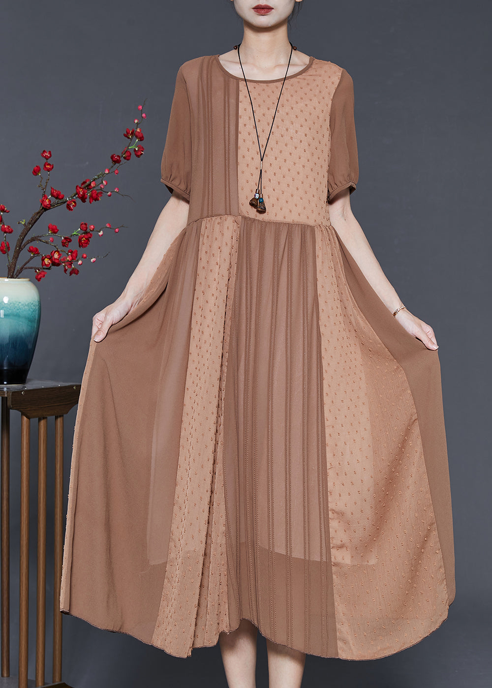 Khaki Patchwork Cotton Silk Pleated Dress Summer