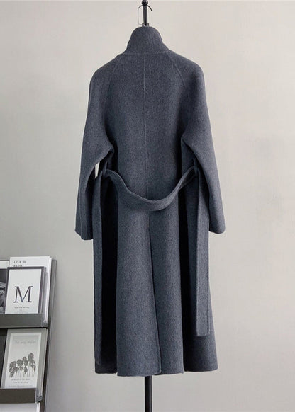 Dark Grey Stand Collar Tie Waist Woolen Coat Winter