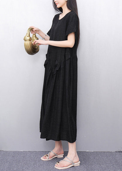 Black O-neck Cotton Long Dress Short Sleeve Summer