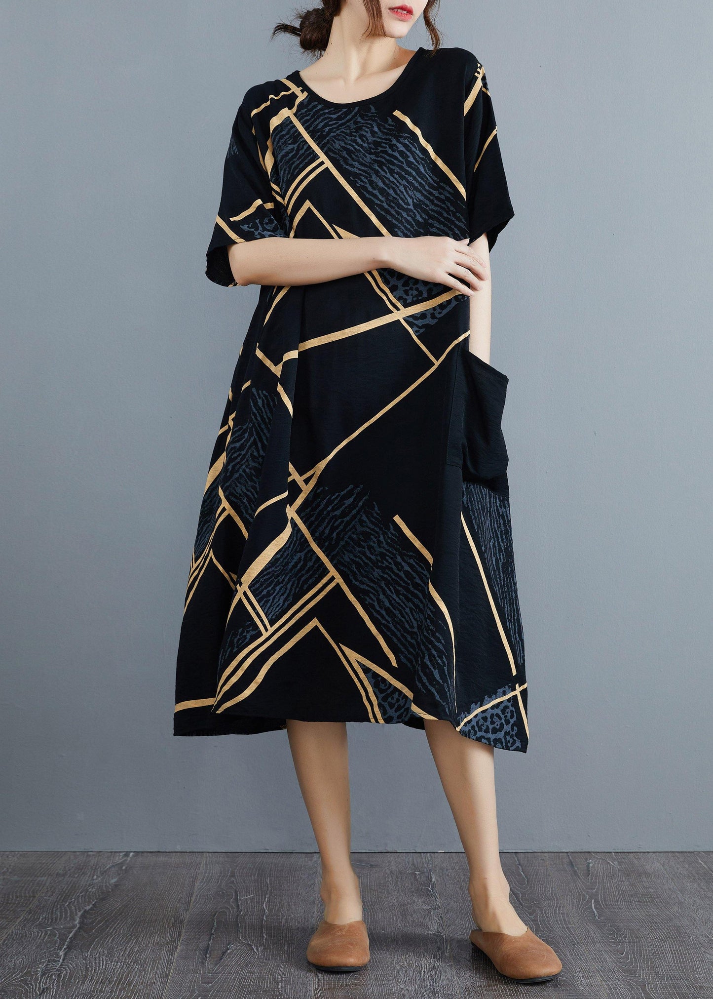 French Black Print Half Sleeve Maxi Summer Cotton Linen Dress