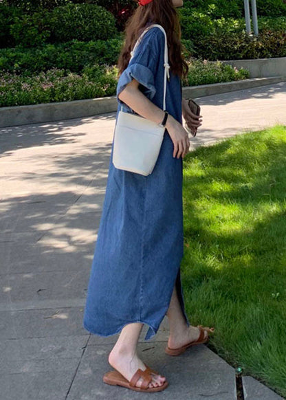 Blue Peter Pan Collar Patchwork Denim Shirts Dresses Summer