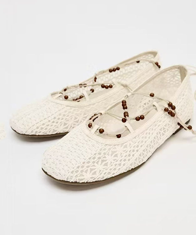 New White Knit Fabric Lace Up Hollow Out Flat Shoes