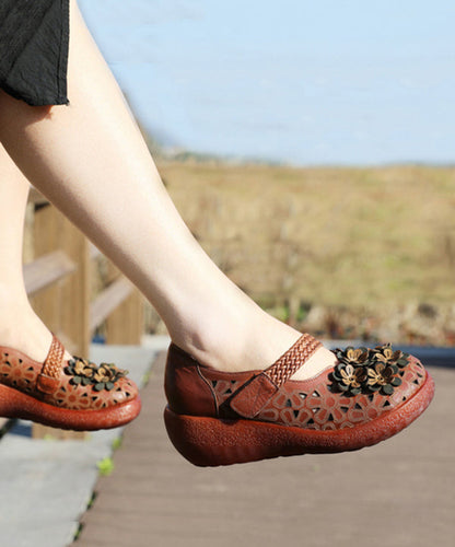 Coffee High Wedge Heels Cowhide Leather Splicing Hollow Out