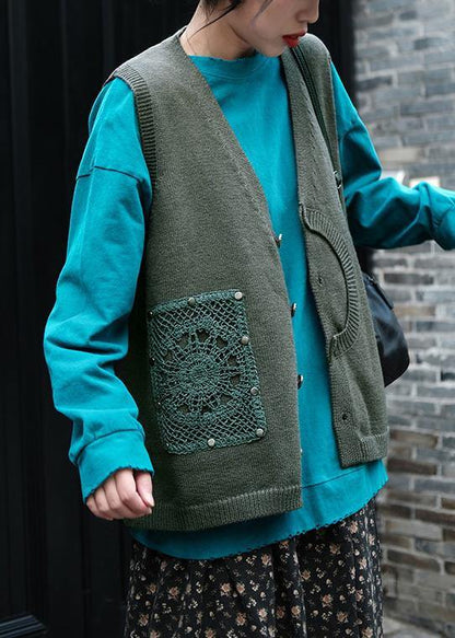 Aesthetic Green V Neck Button Down Sweaters
