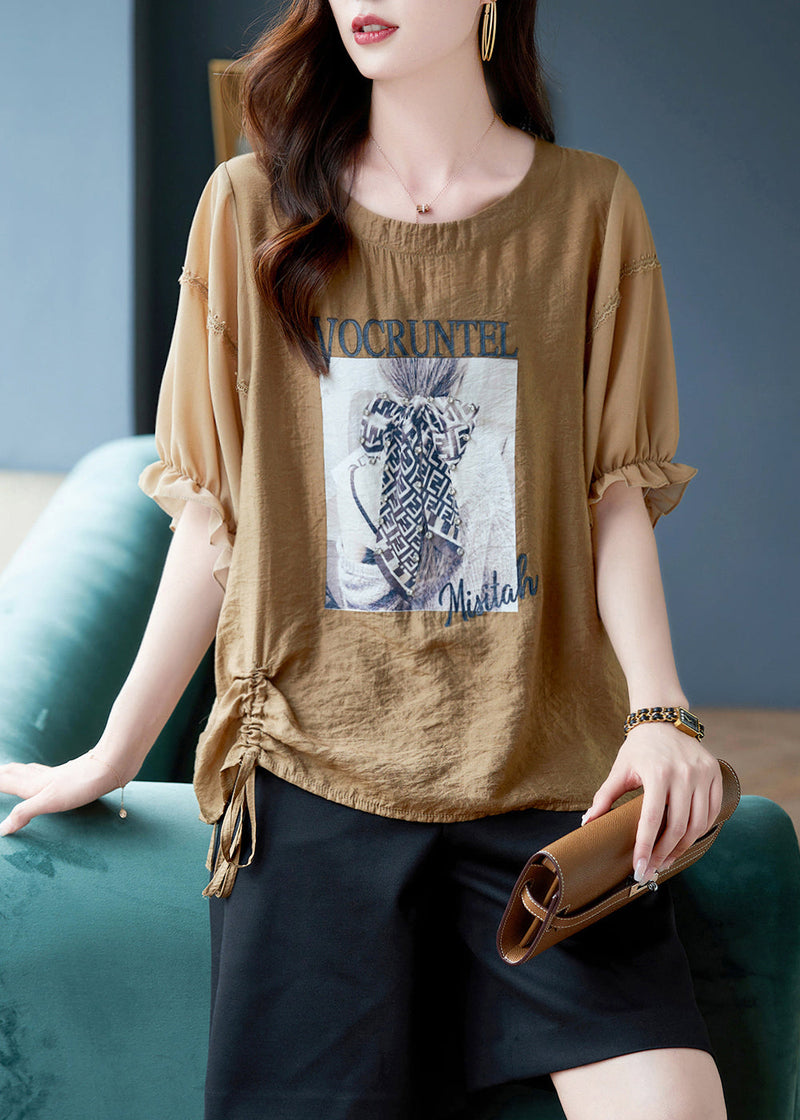 Coffee O-neck Print Drawstring Chiffon T Shirts Batwing Sleeve