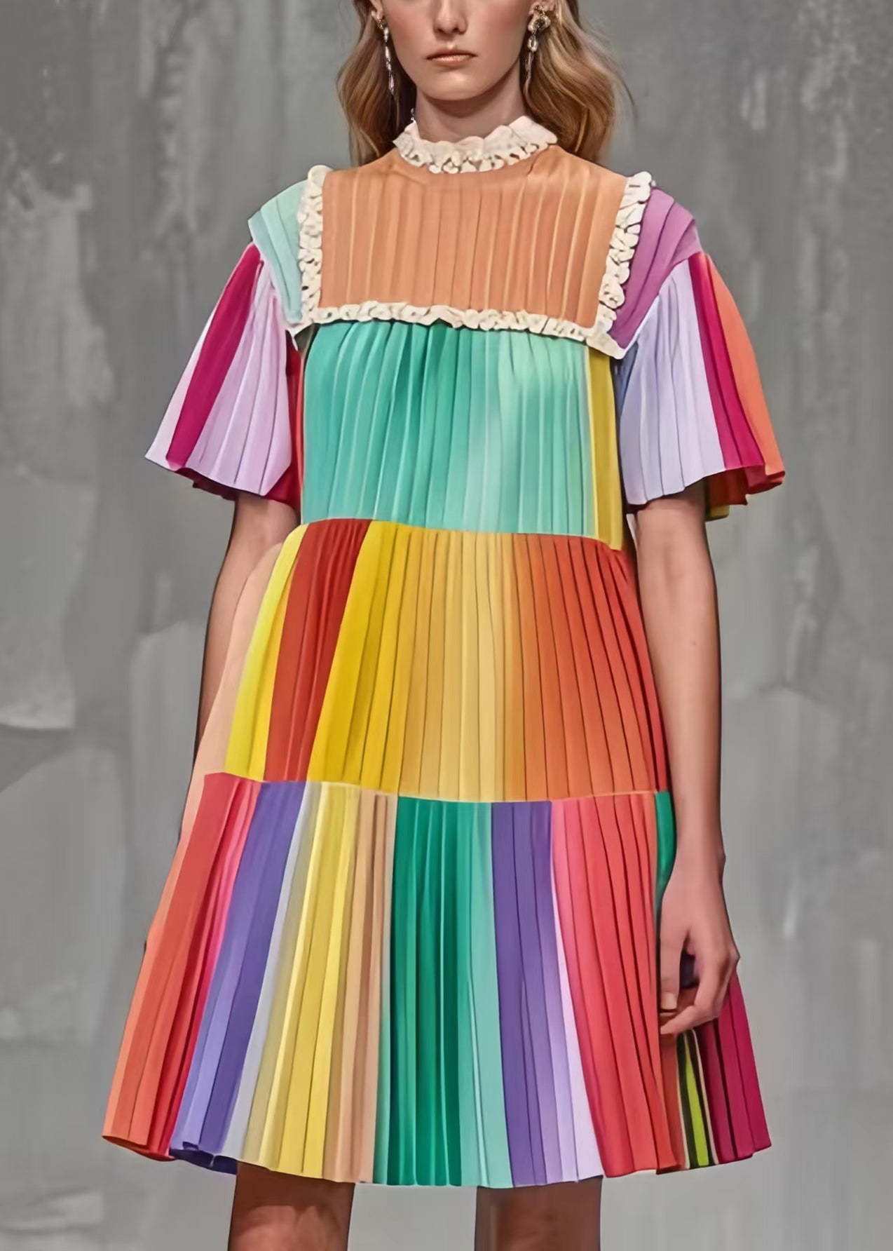 Rainbow Ruffled Patchwork Wrinkled Chiffon Mini Dress Summer