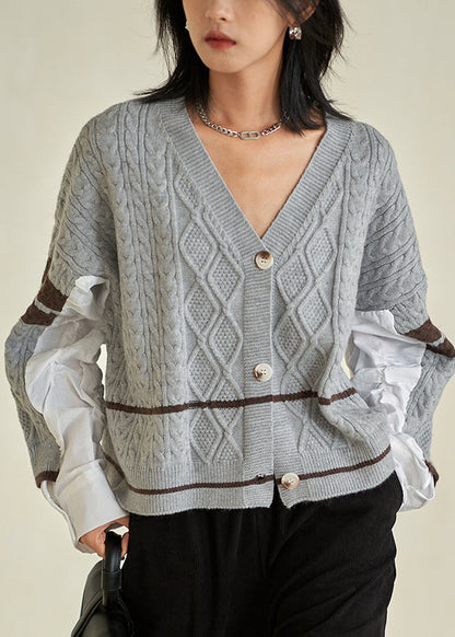 Grey V Neck Button Patchwork Cotton Knit Top Fall