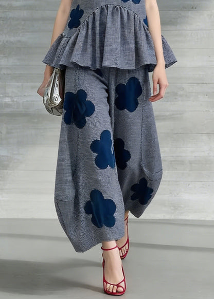 Art Grey Plaid Tops and Crop Pants Two Pieces Set Sleeveless