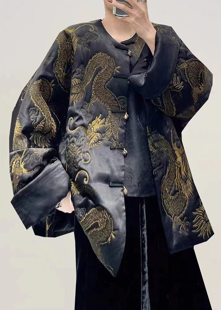 Black Dragon Embroideried Oversized Chinese Button Silk Coats Fall