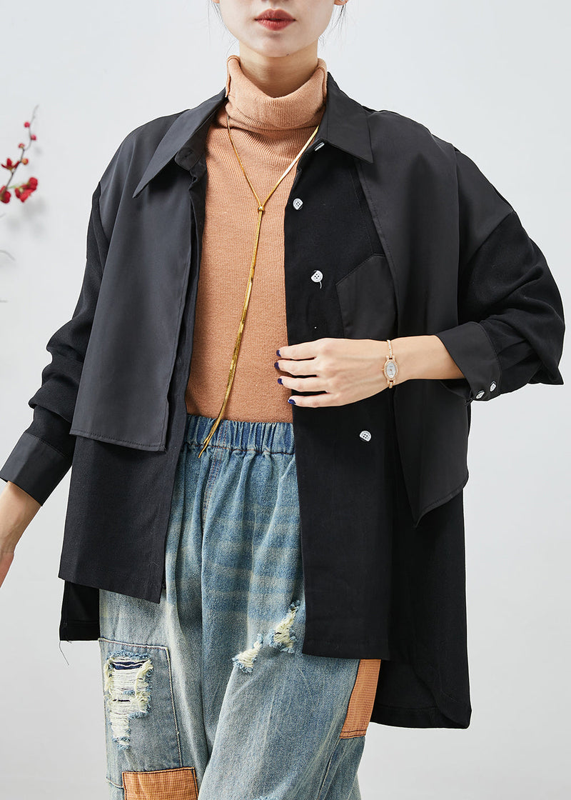 Black Asymmetrical Patchwork Back Open Cotton Jackets Fall