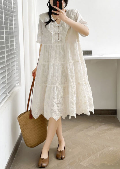 White V Neck Button Ruffled Cotton Dress Summer