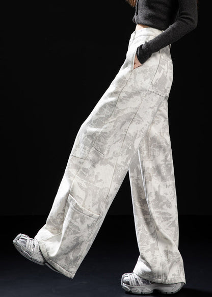 Italian White Tie Dye Patchwork Pockets Warm Fleece Pants Spring