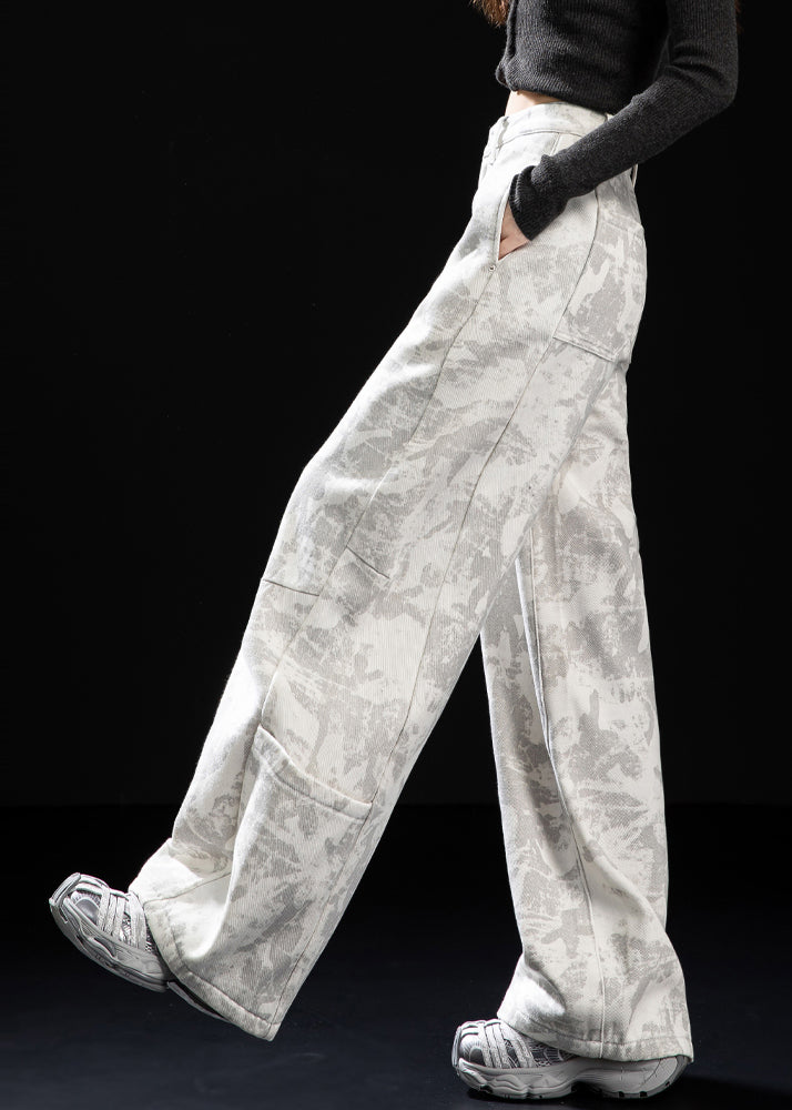 Italian White Tie Dye Patchwork Pockets Warm Fleece Pants Spring