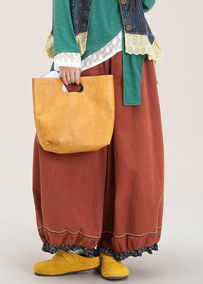 French Red Patchwork Elastic Waist Wide Leg Pants Fall
