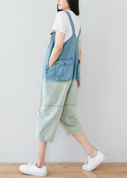 Light Blue Patchwork Gradient Color Cotton Overalls Jumpsuit Spring