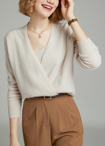 Beige V Neck Button Patchwork Woolen Knit Cardigan Fall