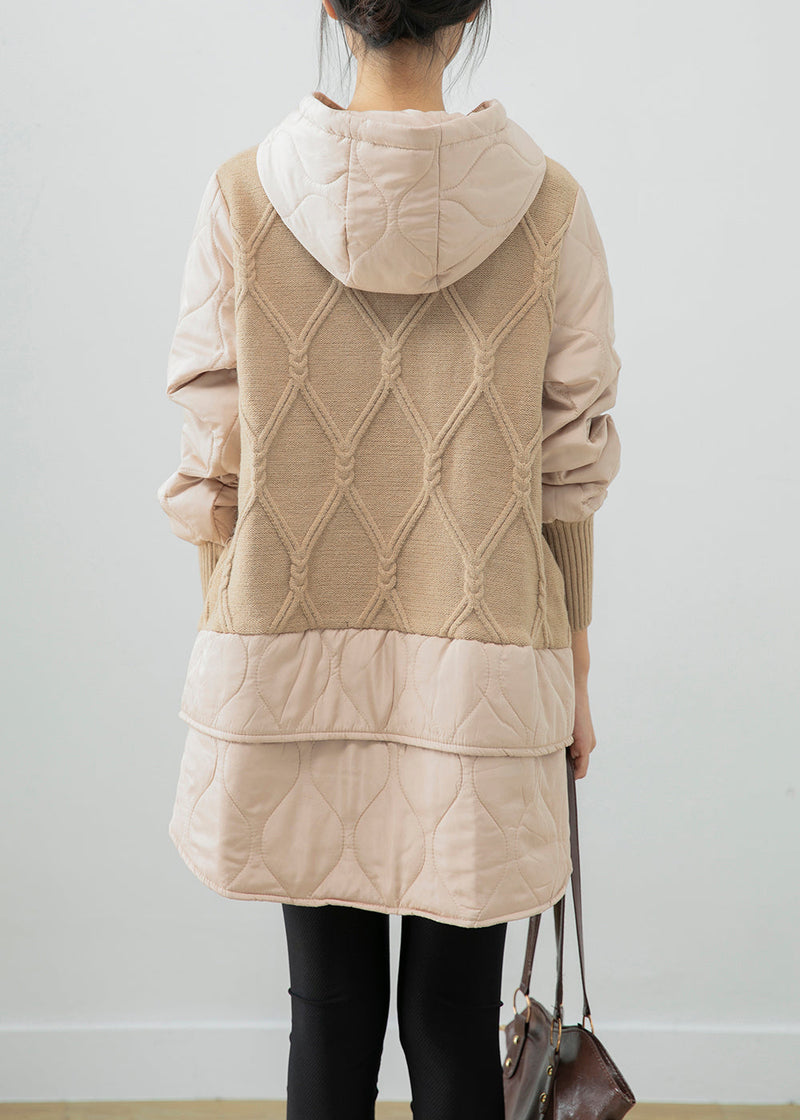 Beige Hooded Patchwork Fine Cotton Filled Sweatshirt Dress Winter