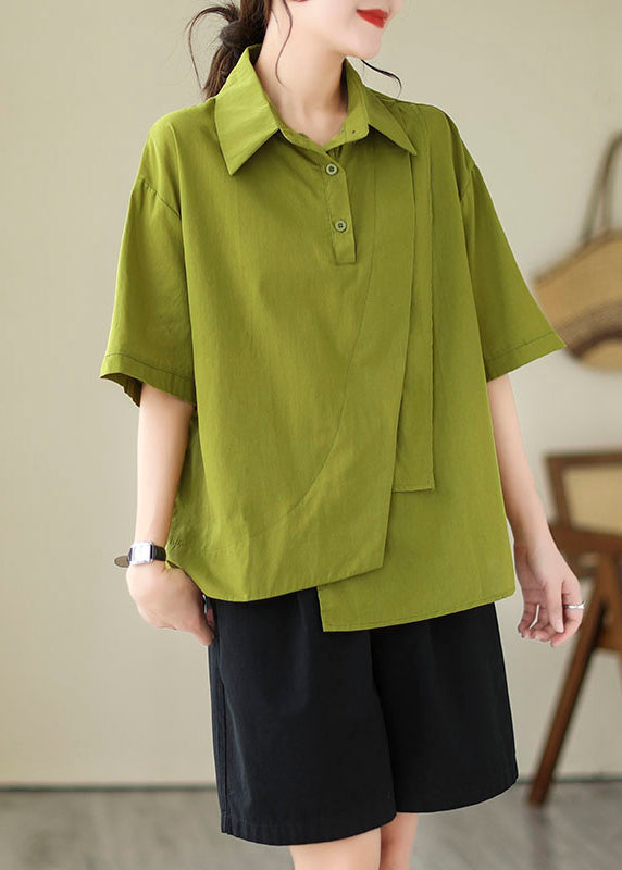 Green Peter Pan Collar Asymmetrical Cotton Shirt Top Summer