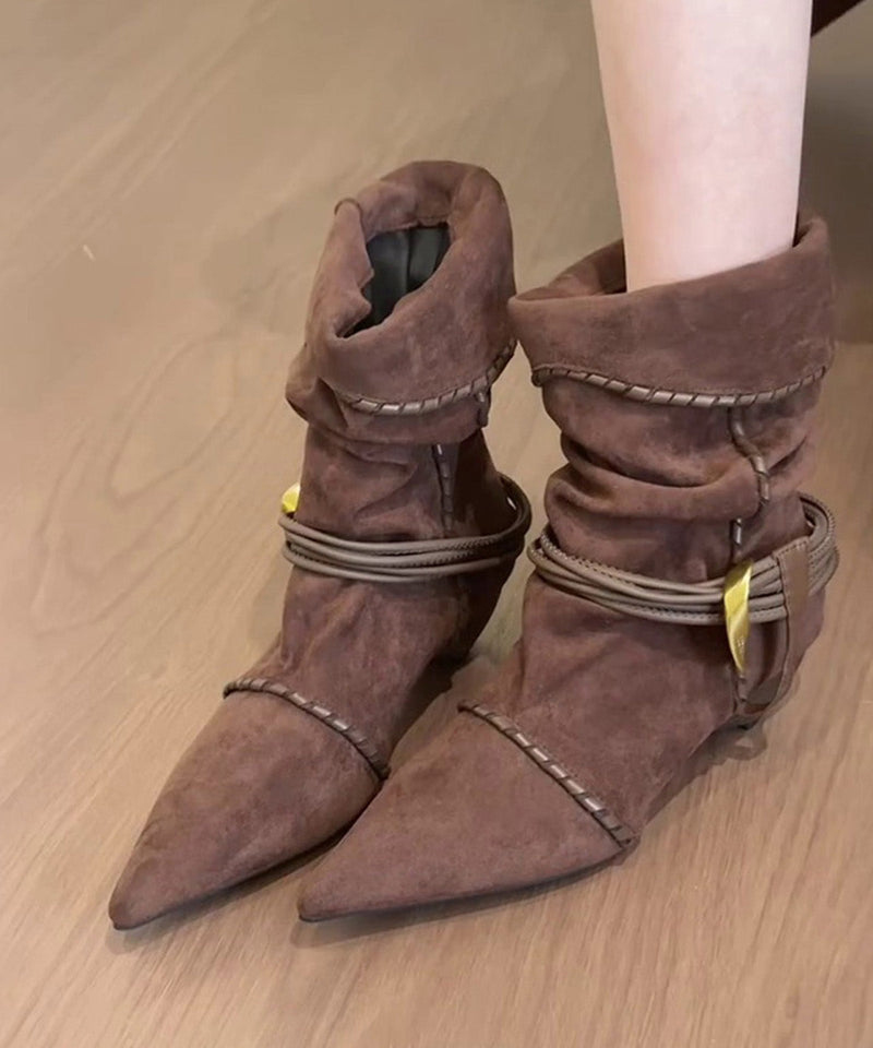 Splicing Chunky Boots Apricot Suede Wrinkled Pointed Toe