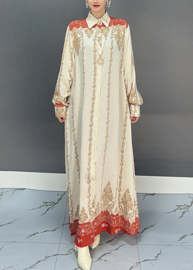 Red Print Button Holiday Maxi Shirts Dresses Fall