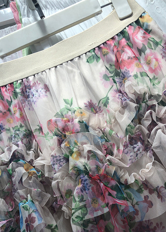 Apricot Asymmetrical Print Ruffled Tulle Cake Skirt Spring