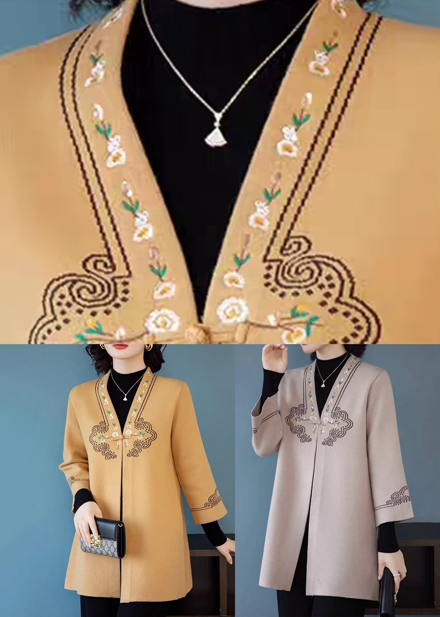 Yellow V Neck Pockets Woolen Coats Three Quarter Sleeve