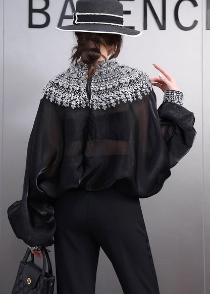 French Black Oversized Ice Silk Shirt Top Batwing Sleeve