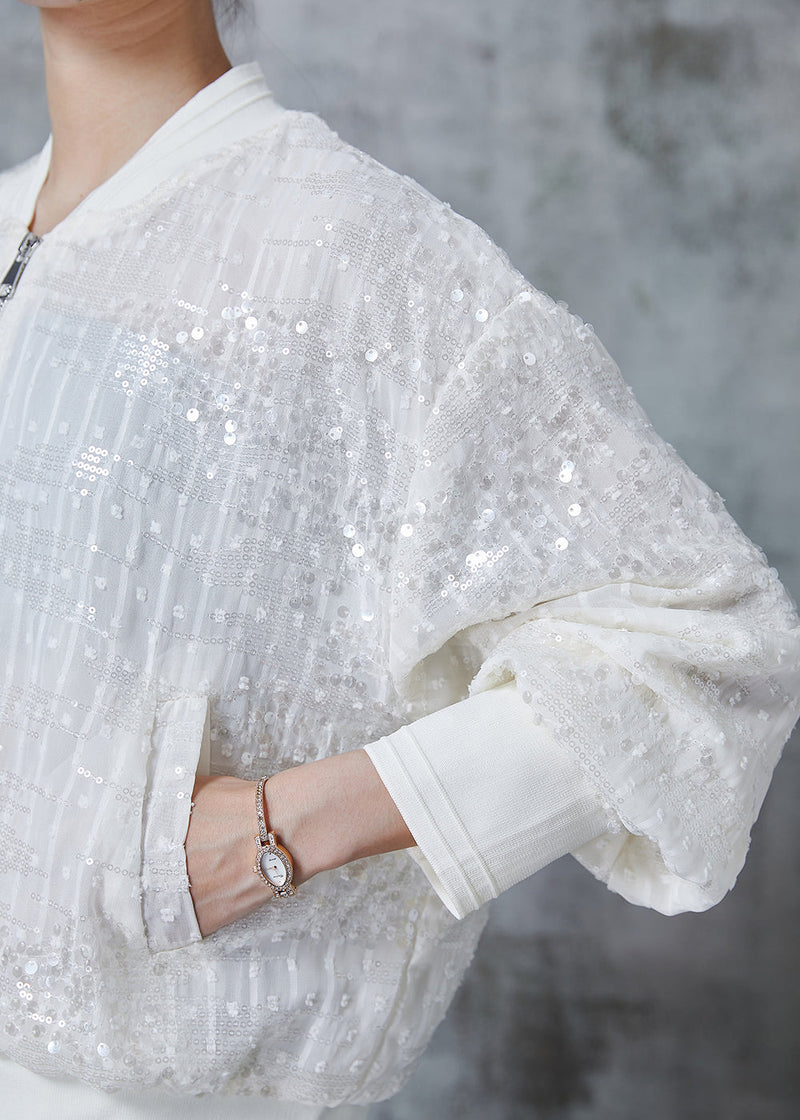 Beige Sequins Pockets Cotton Jackets Summer