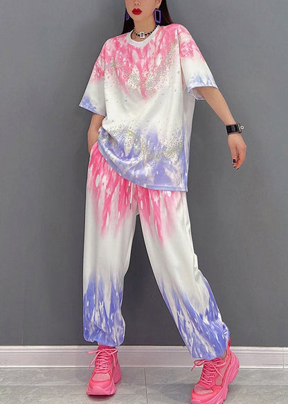 Modern Red Gradient Color O-neck Tanks and Pants Two Pieces Set Half Sleeve