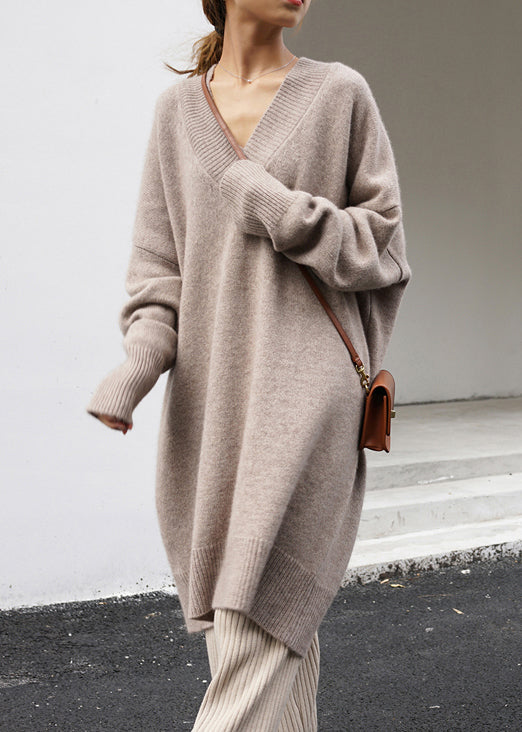 Khaki V Neck Oversized Knit Sweater Dress Spring