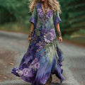 Vintage Green And Purple Lavender And Floral Embroidered Art Linen Maxi Dress artswardrobe