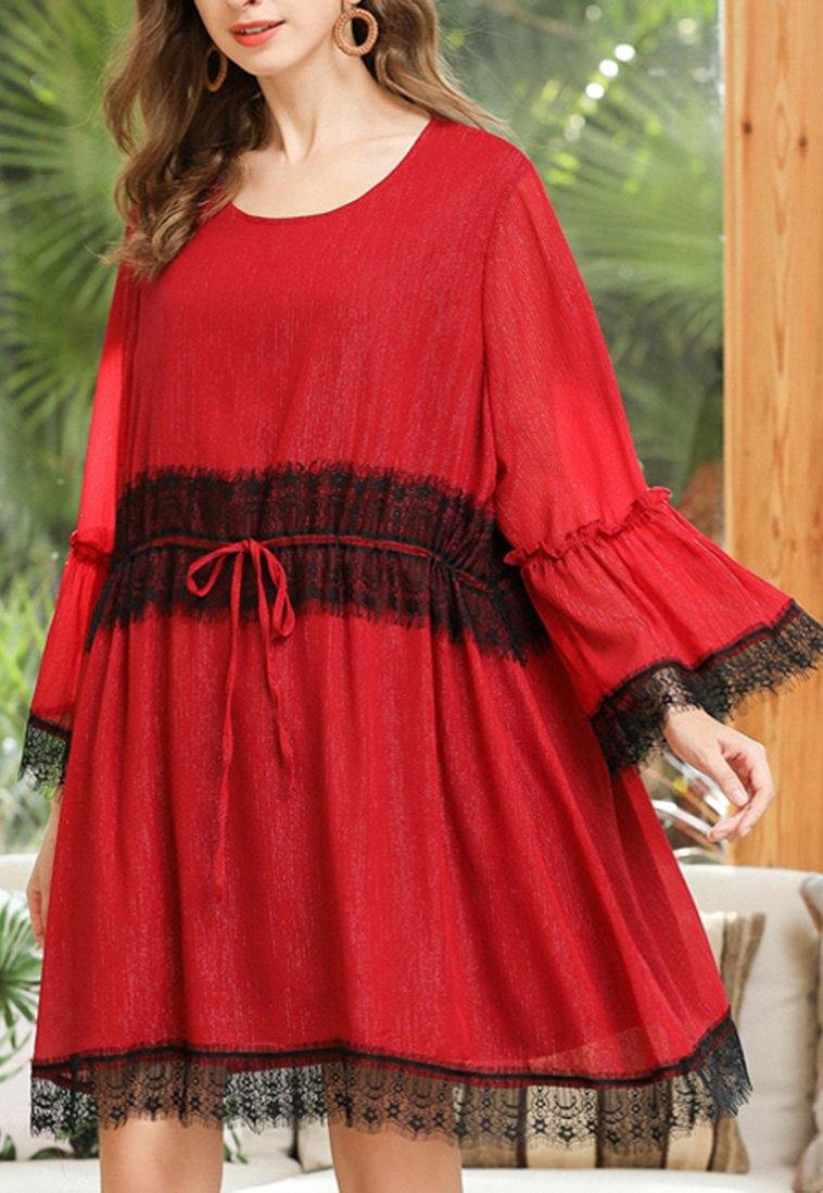 Red Patchwork Chiffon Lace Spring Dresses