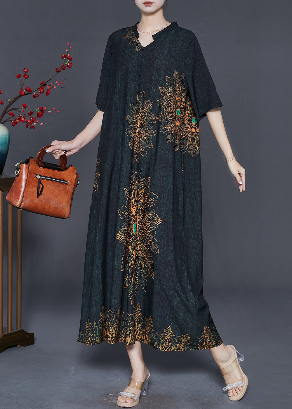 Black V Neck Print Silk Long Dresses Summer