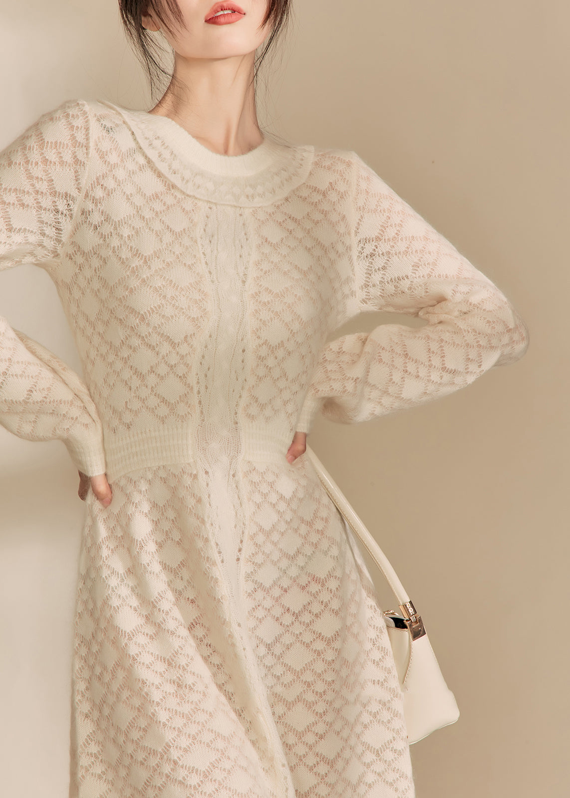 Jacquard Beige O-neck Flattering Knitted Cotton Thread Maxi Dresses Fall