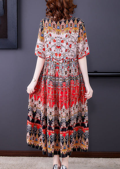 Red V Neck Print Draping Chiffon Long Dresses Short Sleeve Summer
