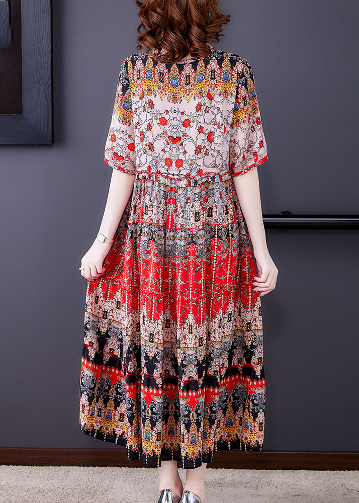Red V Neck Print Draping Chiffon Long Dresses Short Sleeve Summer