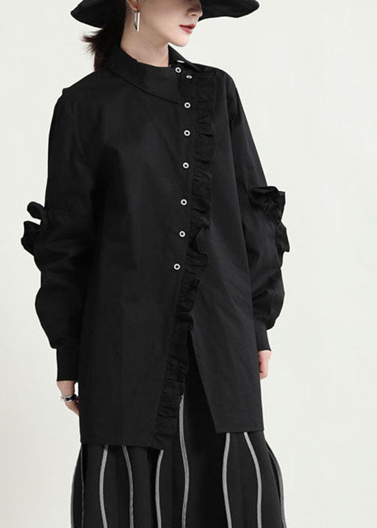 Fitted Black Button Ruffled Asymmetrical Shirt Tops Spring
