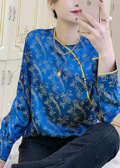 Unique Blue O-neck Side Open Jacquard Patchwork Silk Tops Spring