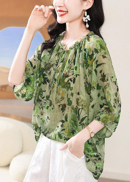 Green Ruffled Lace Up Print T Shirt Bracelet Sleeve