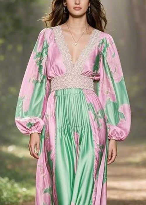 Pink V Neck Print Patchwork Silk Long Dresses Spring