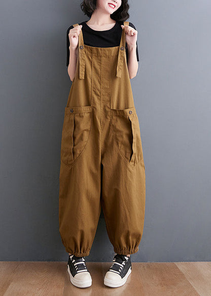 Yellow Slash Neck Patchwork Pockets Harem Jumpsuit Fall