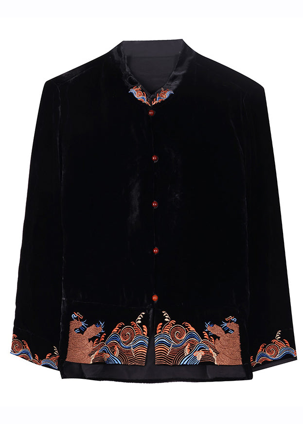 Diy Black Stand Collar Embroideried Silk Velour Coats Fall