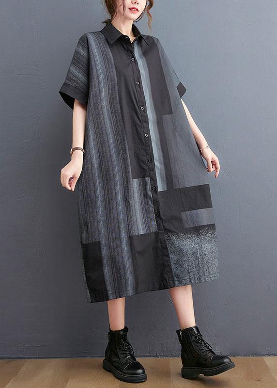 French Grey Black Peter Pan Collar Button Summer Half Sleeve Vacation Dress